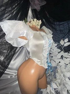 VTG SATIN SILVER CORSET LACE UP TOP SHIRT UNIQUE XS P FLUTTER WING SLV 34 - Picture 1 of 9