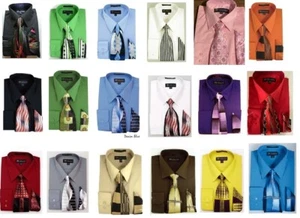 Men's Dress Shirt with Matching Tie And Handkerchief Set 8 Colors Size 15~20 #21 - Picture 1 of 21