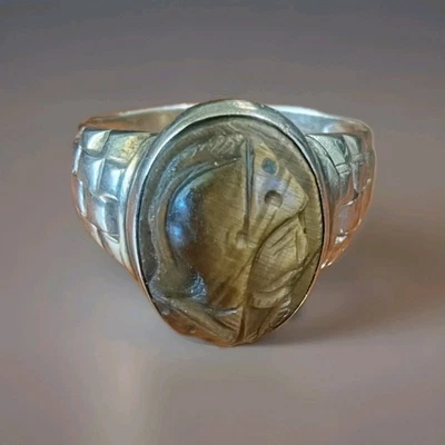 ANILLO DE SELLO CAMAFEO GUERRERO ANTIGUO OJO DE TIGRE TALLADO ORO AMARILLO PARA HOMBRE TALLA 10 Foto 1 de 4