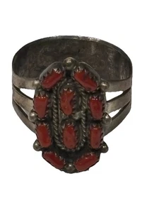 OLD Native American Red Coral and Sterling Silver Ring Size 15 Signed L S - Picture 1 of 3