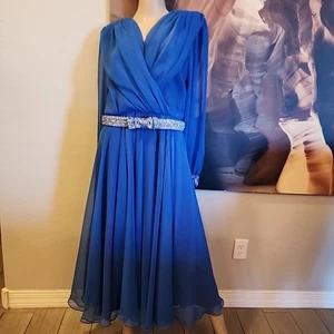 Vintage Ursula 1970s Chiffon Pleated Womens 12 Dress Gown Blue Sparkle Belt - Picture 1 of 11