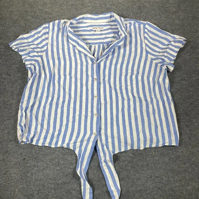 Camisa Ava Viv Top Mujer 2XL Azul Rayas Abotonada Atar Mezcla de Lino Playa Foto 1 de 4
