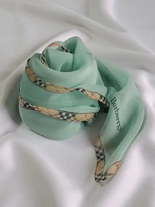 Burberrys Silk Scarf Check Trim Mint Green 58×58cm - Picture 1 of 10