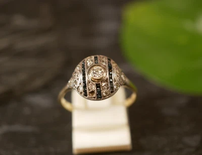 585 14 K Gold Ring Bicolor 0,1 ct Diamant Saphir Jugendstil Art Deco Antik Rund - Bild 1 von 4