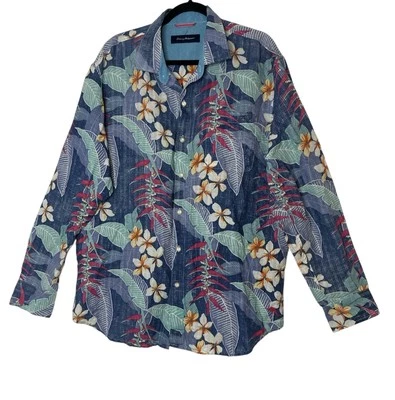 Tommy Bahama Shirt Men XL Reverse Print Linen Blend Hawaiian Island Floral Beach - Image 1 of 4