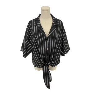 Cider Black Cropped Button Down Shirt w/ White Stripes & Tie at Bottom Size 1XL - Picture 1 of 4