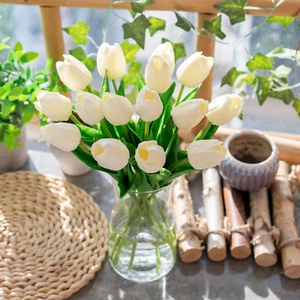 White Tulips Artificial Flowers with Vase, 15 Pcs Faux Tulip Stems in Vase, Real - Picture 1 of 12