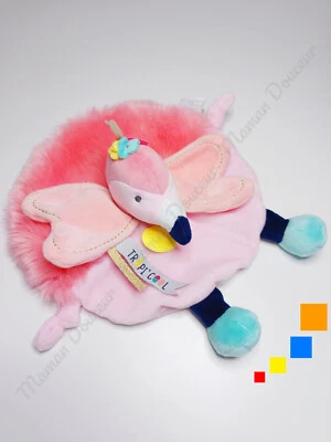 Doudou Plat Rond Flamant Rose Bleu Jaune Doré Or Tropicool - Doudou Et Compagnie - Photo 1/4