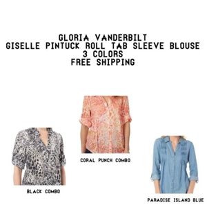 Gloria Vanderbilt Giselle Pintuck Roll Tab Sleeve Blouse 3 Color & FREE SHIP - Picture 1 of 5