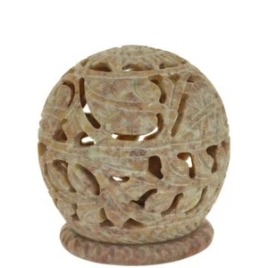 Burner for Cones and Candle Holder - Soapstone Carved T-Lite Ball - Large leaves - Picture 1 of 6