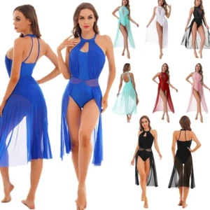 Women Ballet Dance Dress Halter Neck Sexy Leotard Split Mesh Lyrical Dancewear - Picture 1 of 89