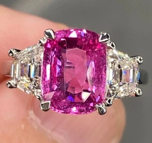 Diamond Pink Sapphire Engagement Ring 5 Ct Lab Grown 14K White Gold Sizable - Picture 1 of 11