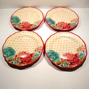 4 New The Pioneer Woman Blossom Jubilee 8.5" Salad Lunch Plates Yellow Polka Dot - Picture 1 of 6