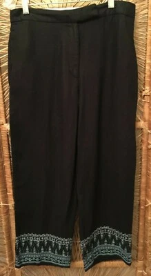 Jillian Jones Womens Capri Cropped Pants Size 10 Black Linen Embroidered Hem  - Image 1 of 4