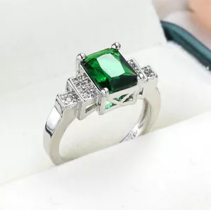 Natural Rectangle Fire Green Quartz Gems Silver Rings Size 6~10 Holiday Gifts - Picture 1 of 5