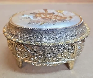 Vintage Brass Trinket Box; Lined; Floral w/ Hummingbird - Picture 1 of 6