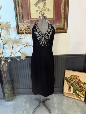 Vestido de cóctel vintage Sandra Darren adornado con cuentas cuello halter talla 12 💚🍄 Foto 1 de 4