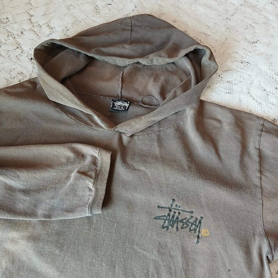 Vintage Stussy Scribble Logo Long Sleeve Hood T shirt L Single Stitch USA 90s  - Image 1 of 4