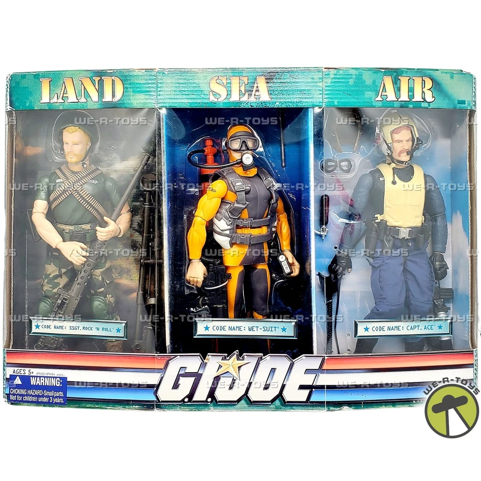 2008 Gi Joe RAH Land Sea Air 12" 3 Figure Set MIP Rock N Roll Wet Suit Ace