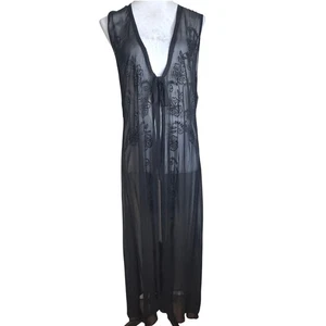 Sheer Black Mesh Embroider Kimono Duster M Maxi Romantic Goth Fairy Grunge - Picture 1 of 11