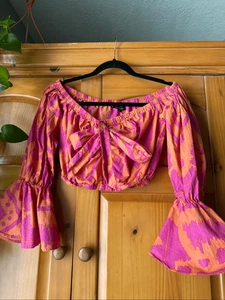 D’IYANU Festival Off-Shoulder Tie Front Top  Orange & Magenta, Size Small - Picture 1 of 10