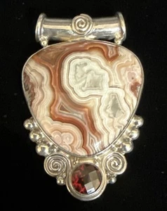 Sajen Sterling Silver Mexican Crazy Lace Agate and Garnet Pendant Filigree - Picture 1 of 4