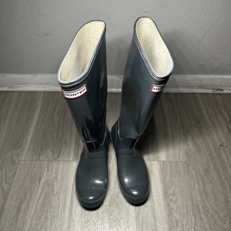 Botas de borracha Hunter originais altas femininas joelho alto brilho cinza chuva EUA 5M - Imagem 1 de 4