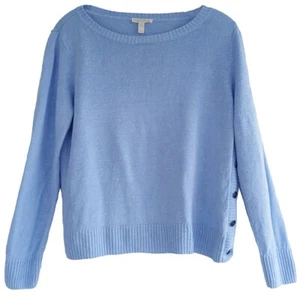 Maglione maglia EILEEN FISHER taglia M blu cielo lino biologico bottoni laterali collo barca - Foto 1 di 5