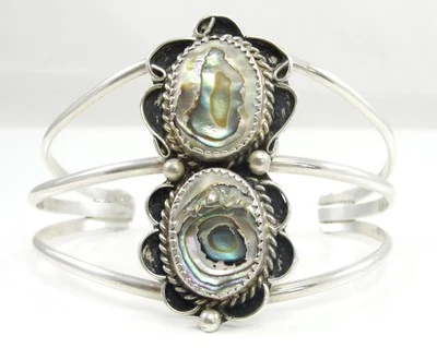 Sterling Silver Wide Cuff Bracelet Abalone Shell 6.5" Sawtooth Bezel Handmade - Image 1 of 4