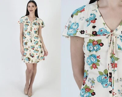 Vintage High Waist Floral Print Dress 70s Go Go Scooter Capelet Sun Micro Mini - Image 1 of 4