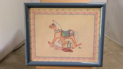 Vintage Wall Art Rocking Horse and 2 Sleaping bears Print Framed Signed by Sani - Image 1 of 4