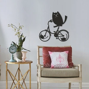 Wandkunst aus Metall 2mm aus Stahl Wandbilder Bilder 3D Katze auf dem Fahrrad - Bild 1 von 2