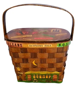 Vintage J. Hussey Basketville New Orleans Handpainted Wooden Basket Purse Tote - Picture 1 of 9
