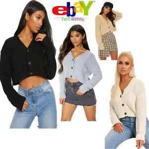 Ladies 3 Button Long Sleeves Crop Cardigan Women Short Chunky Cable Knitted Top - Picture 1 of 9