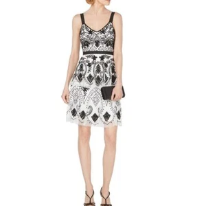 ADRIANNA PAPELL NEW Women's Ivory/black Tier Beaded Mesh A-Line Dress 10 TEDO - Picture 1 of 3