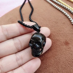 Black Skull Pendant Necklace -  Steampunk, Goth, Biker , Punk Jewelry - Picture 1 of 3