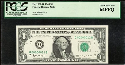 (( LOW # 00000011 )) True Binary Fancy serial number $1 PCGS 64 PPQ near solid - Image 1 of 2