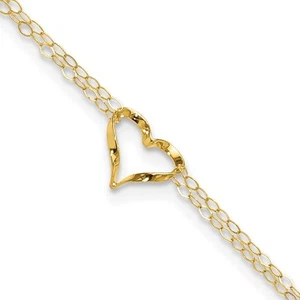 14k Yellow Gold Double Strand Heart Anklet 9" w/1in ext. 0.93gm for Women - Picture 1 of 7