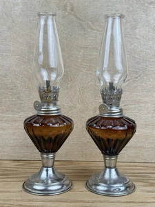 Vintage Braunglas & Messing Öllampe mit Glaskamin 10" 70er Made in Hong Kong - Bild 1 von 15