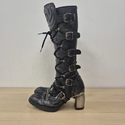 New Rock Trail Flames Knee High Black Leather Chunky Heel Tall Boots Uk 6 Eu 39 - Image 1 of 4