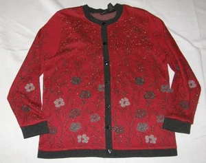 Sparkly Dark Red Floral Sz Large (12-14) Casual or Dress Cardigan Sweater GEORGE - Picture 1 of 2