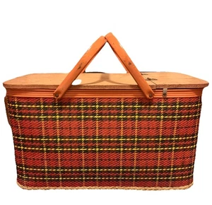 Vintage Redmon Perú Ind. Cesta de picnic de mimbre con mango grande a cuadros - Imagen 1 de 17