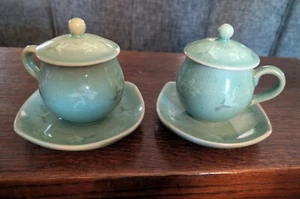 Vintage ~ Korean Celadon Soft Green Crackle Glaze Flying Crane Tea Cup Set - Picture 1 of 6