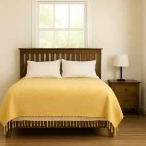 Vintage Embroidered Fringed Bed Coverlet, Handmade Italian Silk on Cotton Gold - Picture 1 of 10