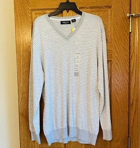 Maglione Uomo Claiborne Thermolite Scollo a V - Uomo XL - Grigio Riga Bianca Nuovo con etichette - Foto 1 di 5