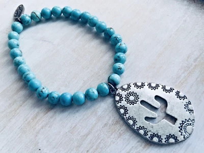 Pulseira elástica âmbar Allie cacto contas turquesa falsa tom prata sudoeste - Imagem 1 de 4