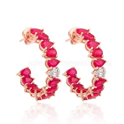 11.07 TCW Natural H/SI Diamond Ruby Gemstone Earrings Gift 14k Rose Solid Gold - Image 1 of 4