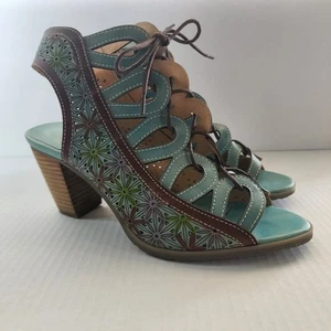 L’Artiste by Spring Step Laure Teal Green Floral Block Heel Sandals EU 40 US 9 - Picture 1 of 6