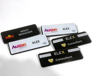 NAME BADGE TAG PERSONALISED COLOUR UV PRINTED 80MM X 29MM MAGNETIC OR PIN HOLDER - Picture 1 of 9