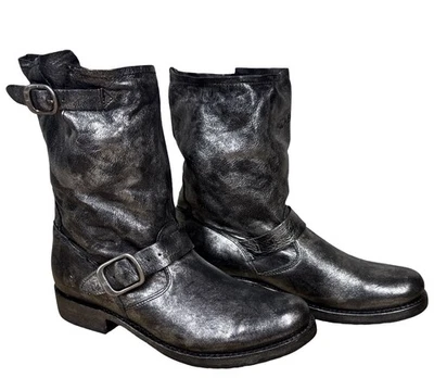 Bota FYRE Veronica Curta Couro Médio Prata Metálica Preta 70325 W Tamanho 8.5M NOVA - Imagem 1 de 4